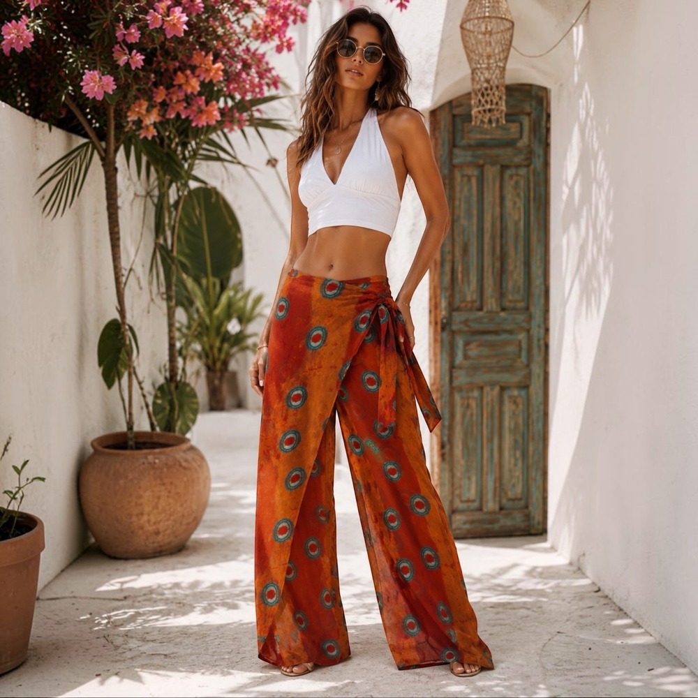 NWT‎ ZARA Semi‑Sheer Printed Pareo Wrap Wide Leg Trousers Boho Resort Abstract M